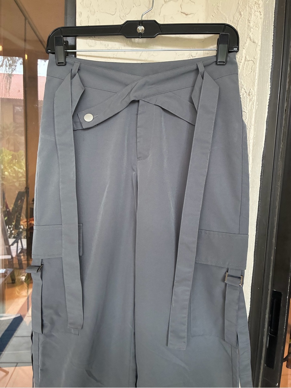 ✨ Y2K SHEIN Grey Cross-Wrap Asymmetric Waist Wide Leg Cargo Pants Small - Picture 4 of 9